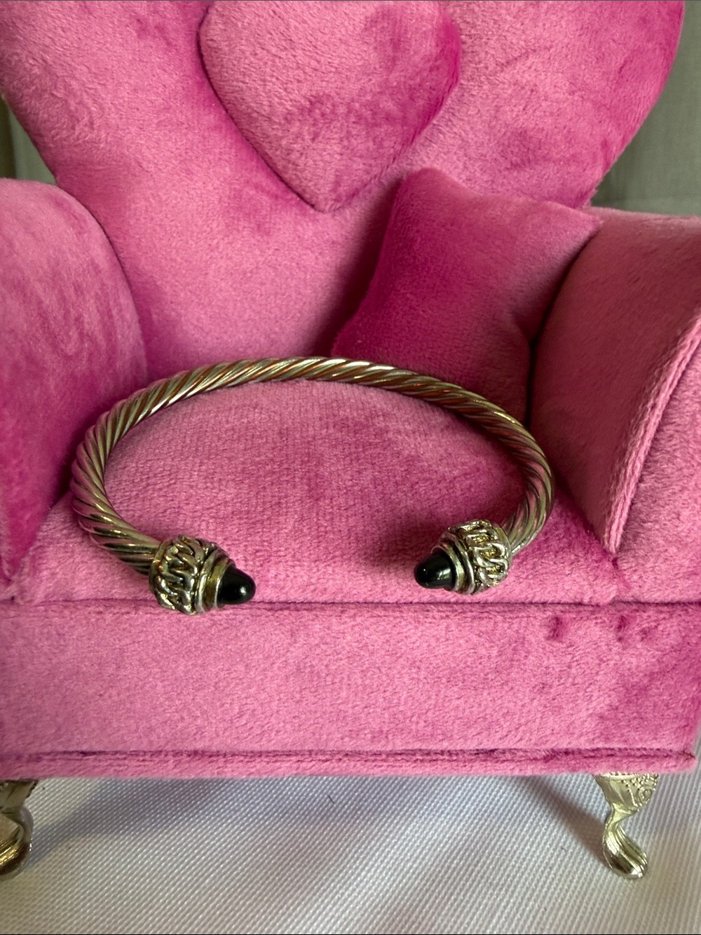 Silver-Tone Twisted Cable Open Bangle with Black Accents